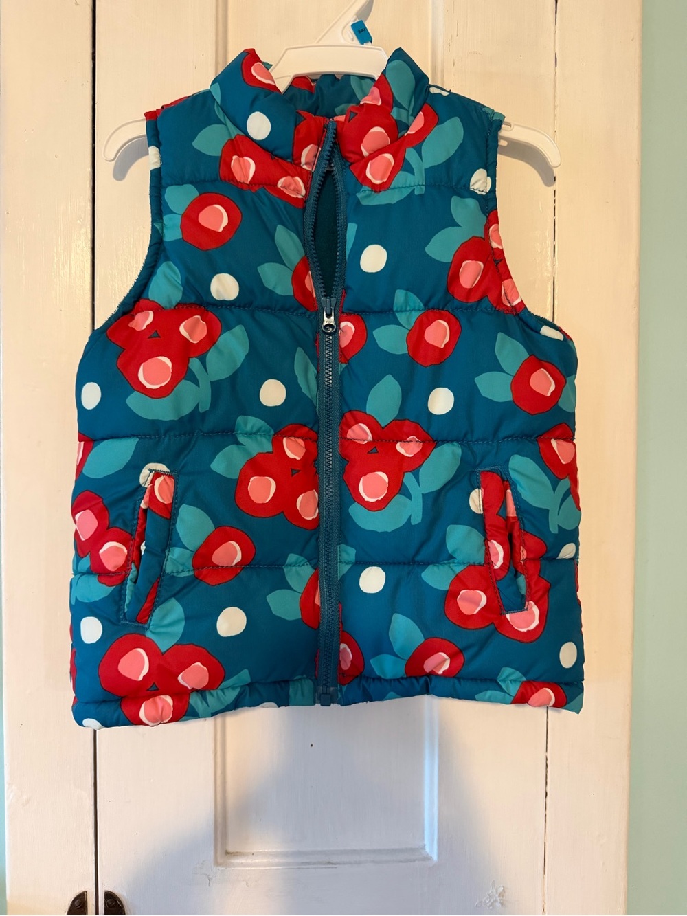 Crazy 8 Teal Floral Puffer Vest with Red Accents